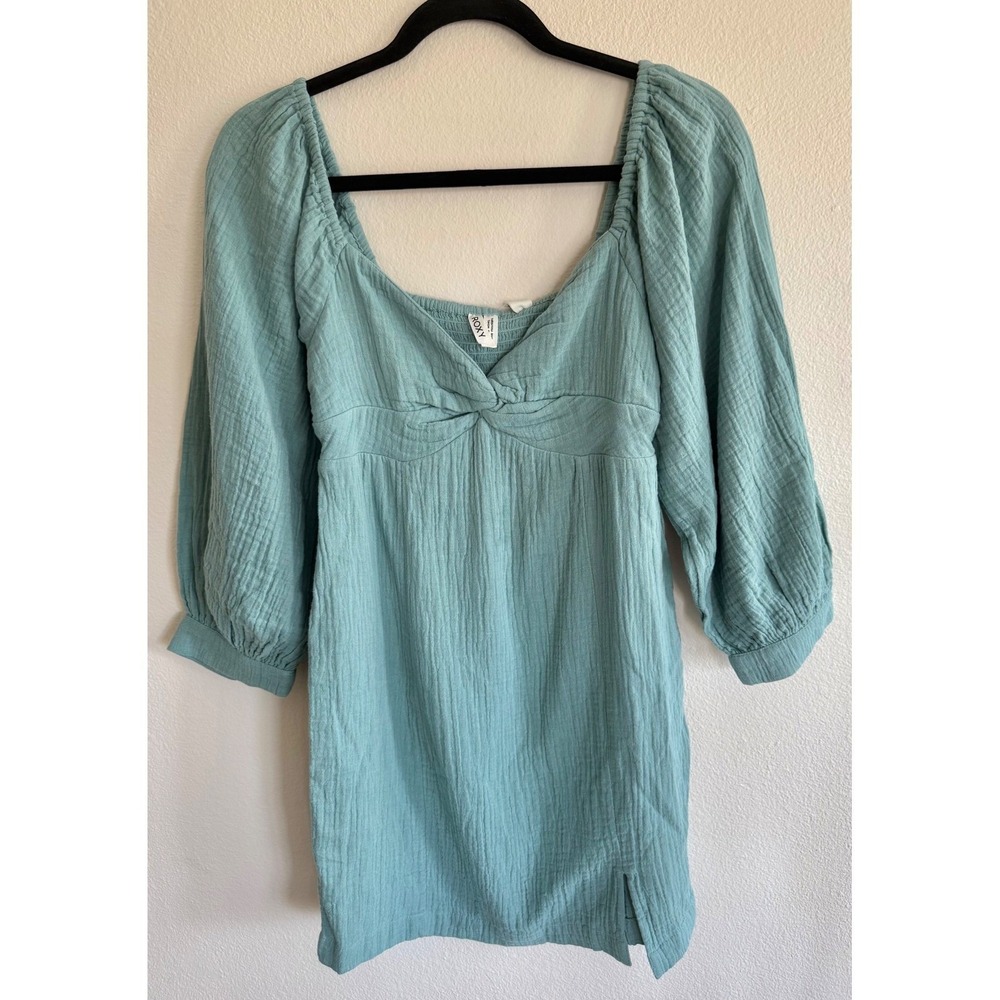 Roxy Junior's V-Neck Peasant Babydoll Mini Dress Size L Mineral Blue Beach